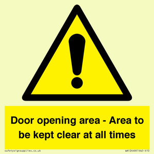 Door opening area - Area to be kept clear at all times